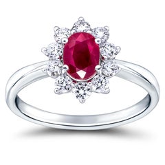 Ruby Diamond Cluster 0.80 Carat Claw Set 18 Karat White Gold Round Oval Cut Ring