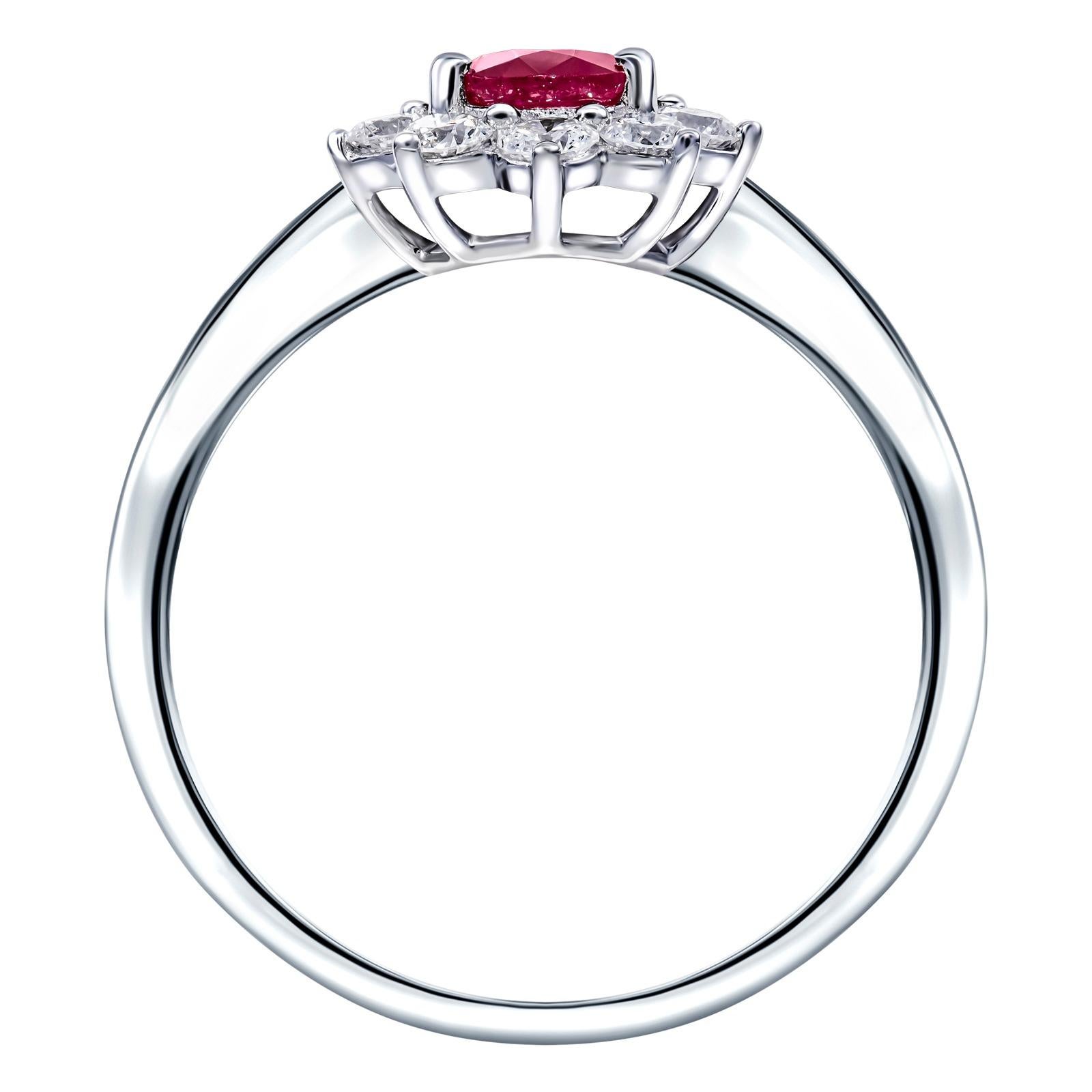 Modern Ruby Diamond Cluster 0.80 Carat Claw Set 18 Karat White Gold Round Oval Cut Ring For Sale