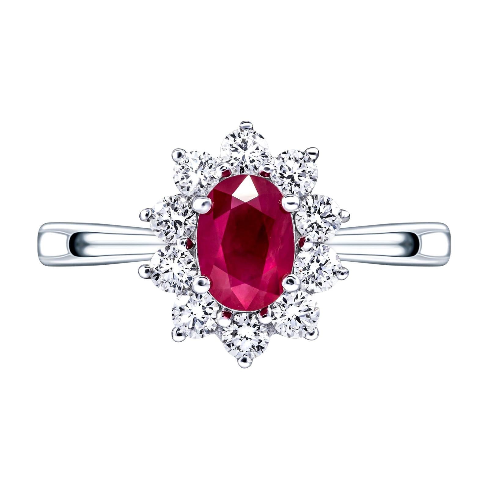 Ruby Diamond Cluster 0.80 Carat Claw Set 18 Karat White Gold Round Oval Cut Ring For Sale