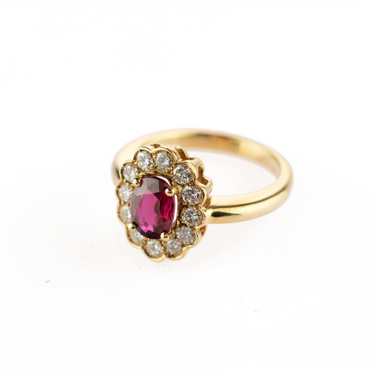 Romantic Ruby Diamond Cluster 18 Karat Yellow Gold Solitaire Bridal AIG Certified Ring For Sale