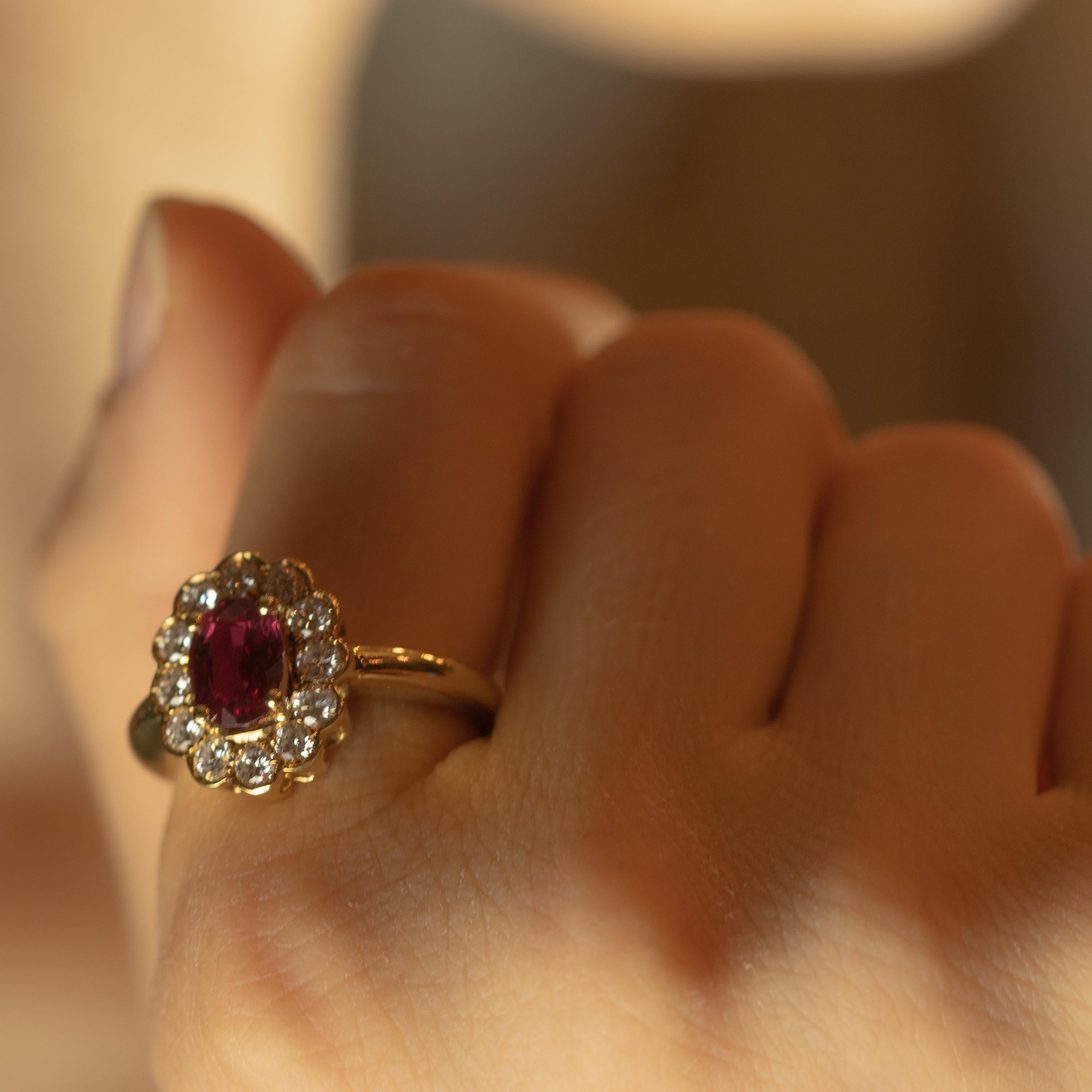 Oval Cut Ruby Diamond Cluster 18 Karat Yellow Gold Solitaire Bridal AIG Certified Ring For Sale