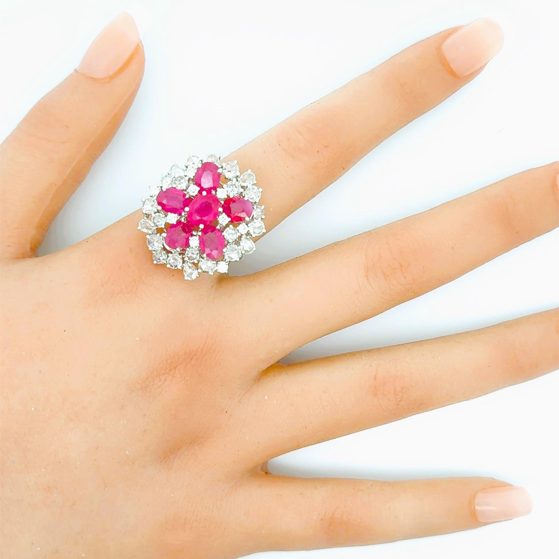 Oval Cut Ruby Diamond Cluster 18k White Gold Sunburst Ring For Sale