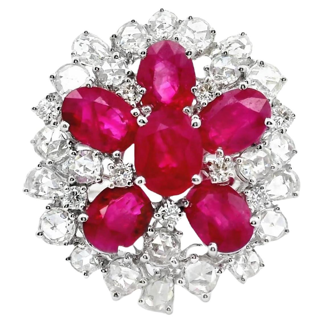 Ruby Diamond Cluster 18k White Gold Sunburst Ring