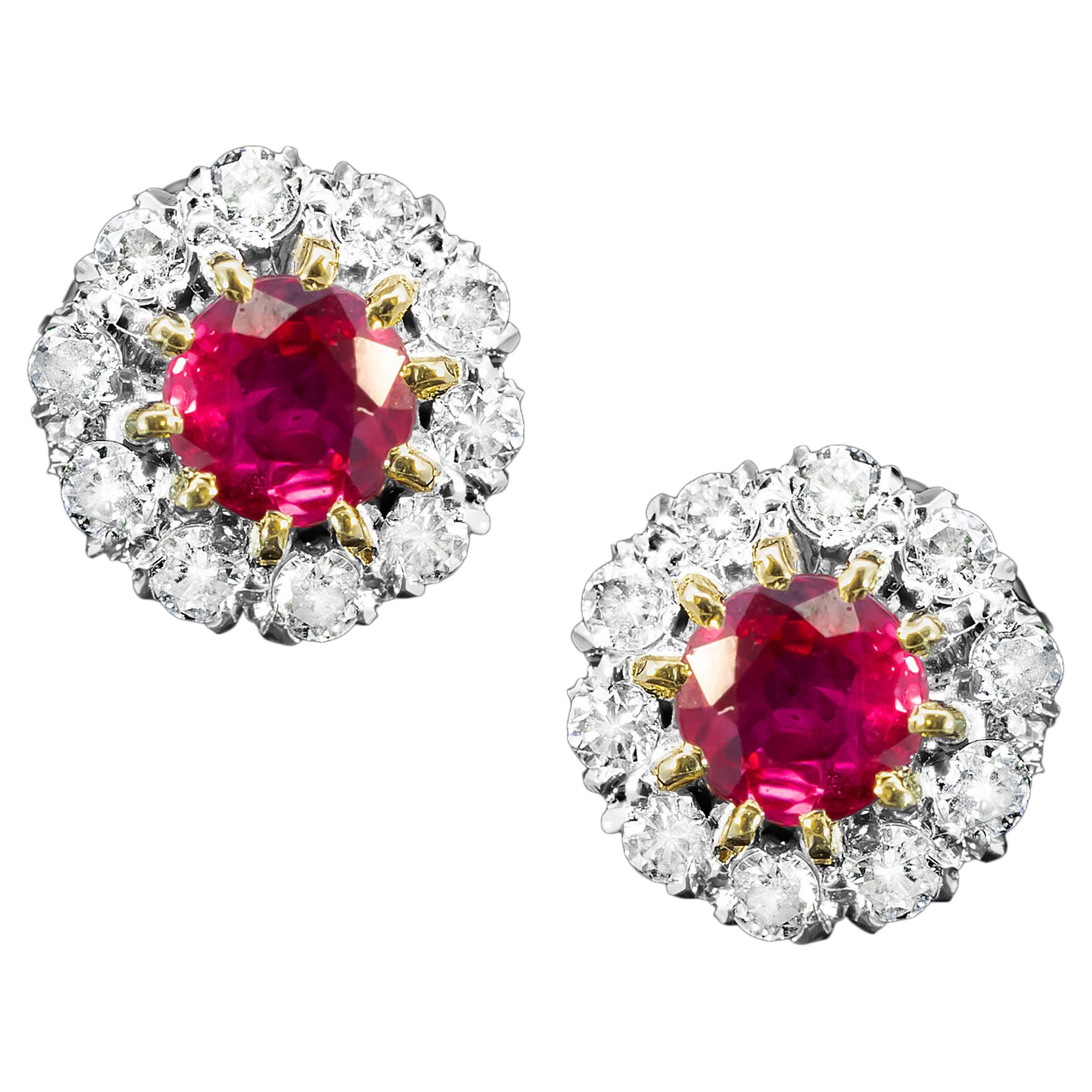 Ruby 
Diamond Cluster Earrings Hallmarked 1988 For Sale