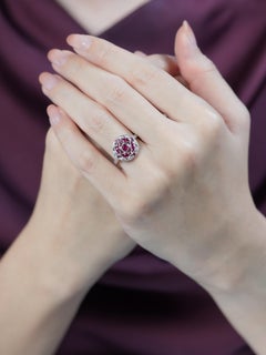 Ruby Diamond Cluster Ring in 14K White Gold, Art Deco Style