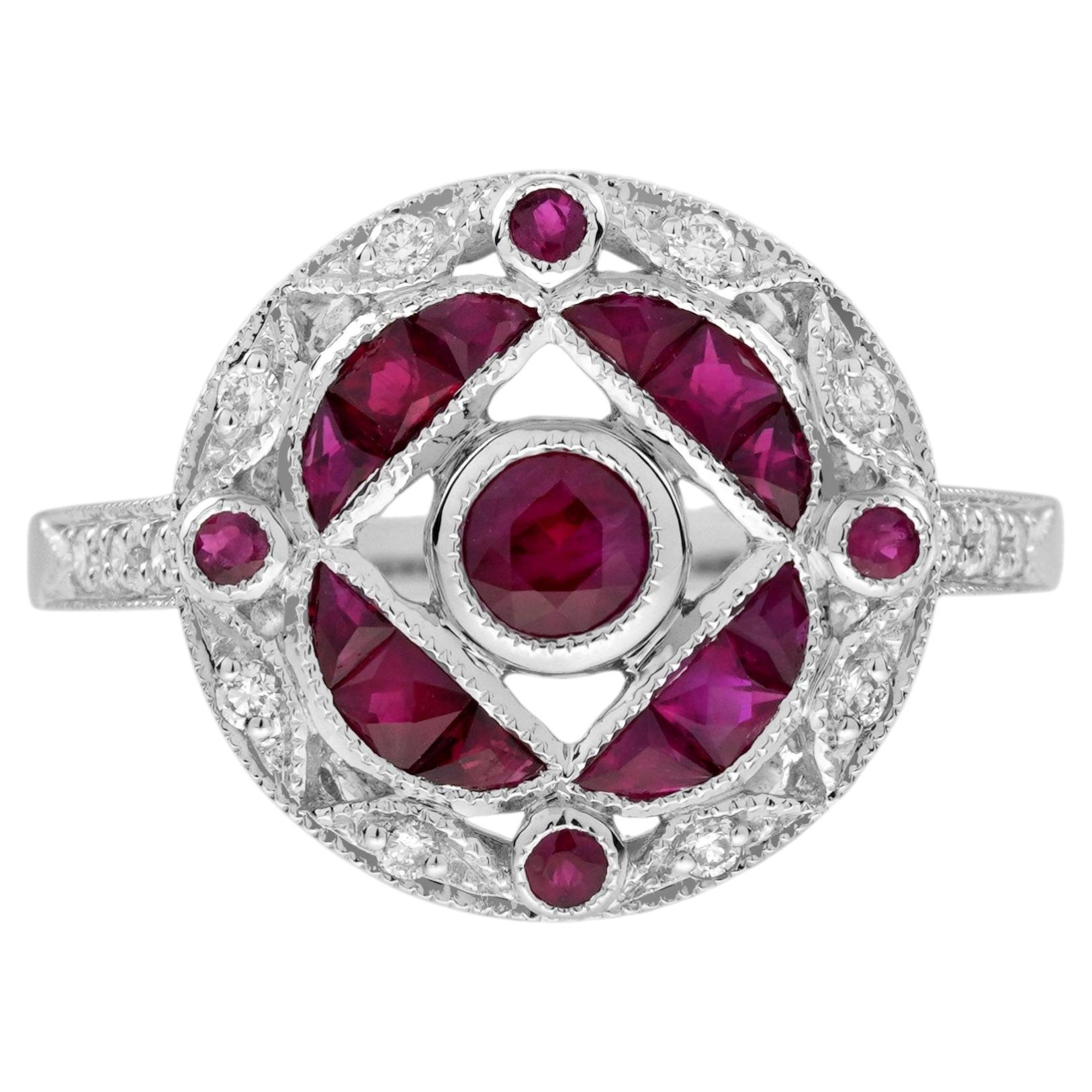 Ruby Diamond Cluster Ring in 14K White Gold, Art Deco Style