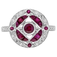 Ruby Diamond Cluster Ring in 14K White Gold, Art Deco Style