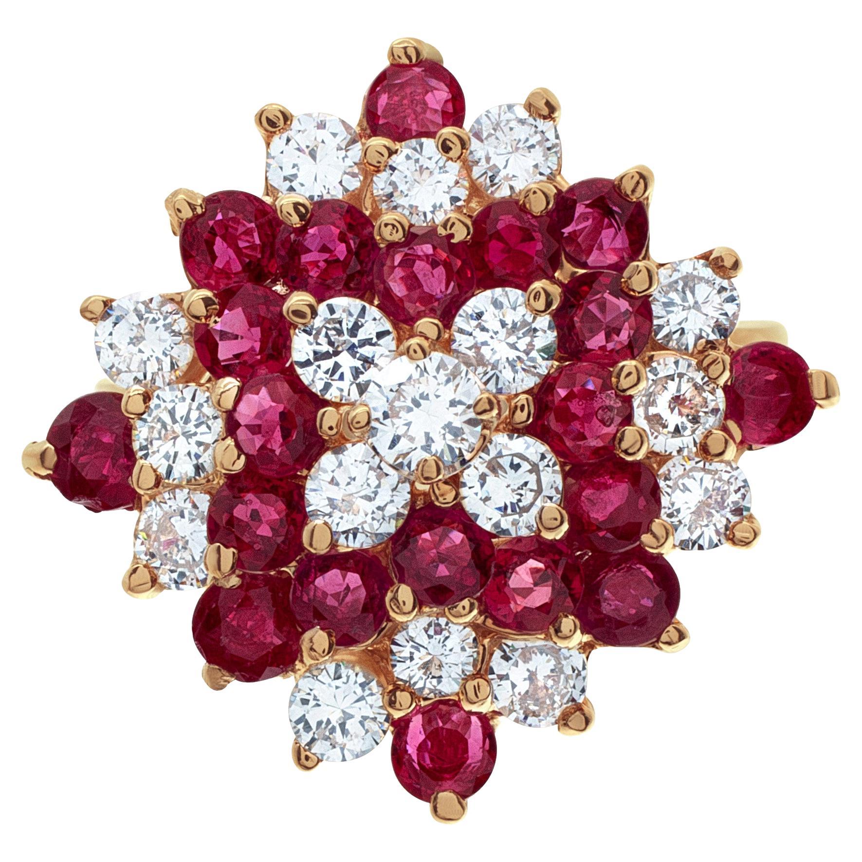 Ruby & Diamond Cluster Ring in 14k Yellow Gold For Sale