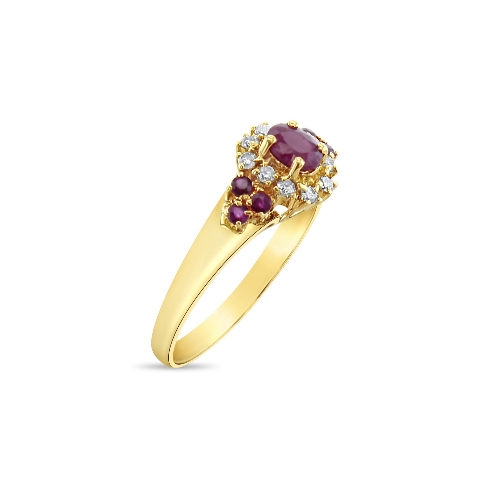 ♥ Ring Summary ♥

Main Stone: Ruby & Diamond
Approx. Carat Weight: 65cttw
Ruby Carat Weight: .50ct
Stone Cut: Oval & Round
Band Material: 14k Yellow Gold
Weight: 3 grams

Diamonds & Gemstones are Natural. Not enhanced, simulated or lab-created.
