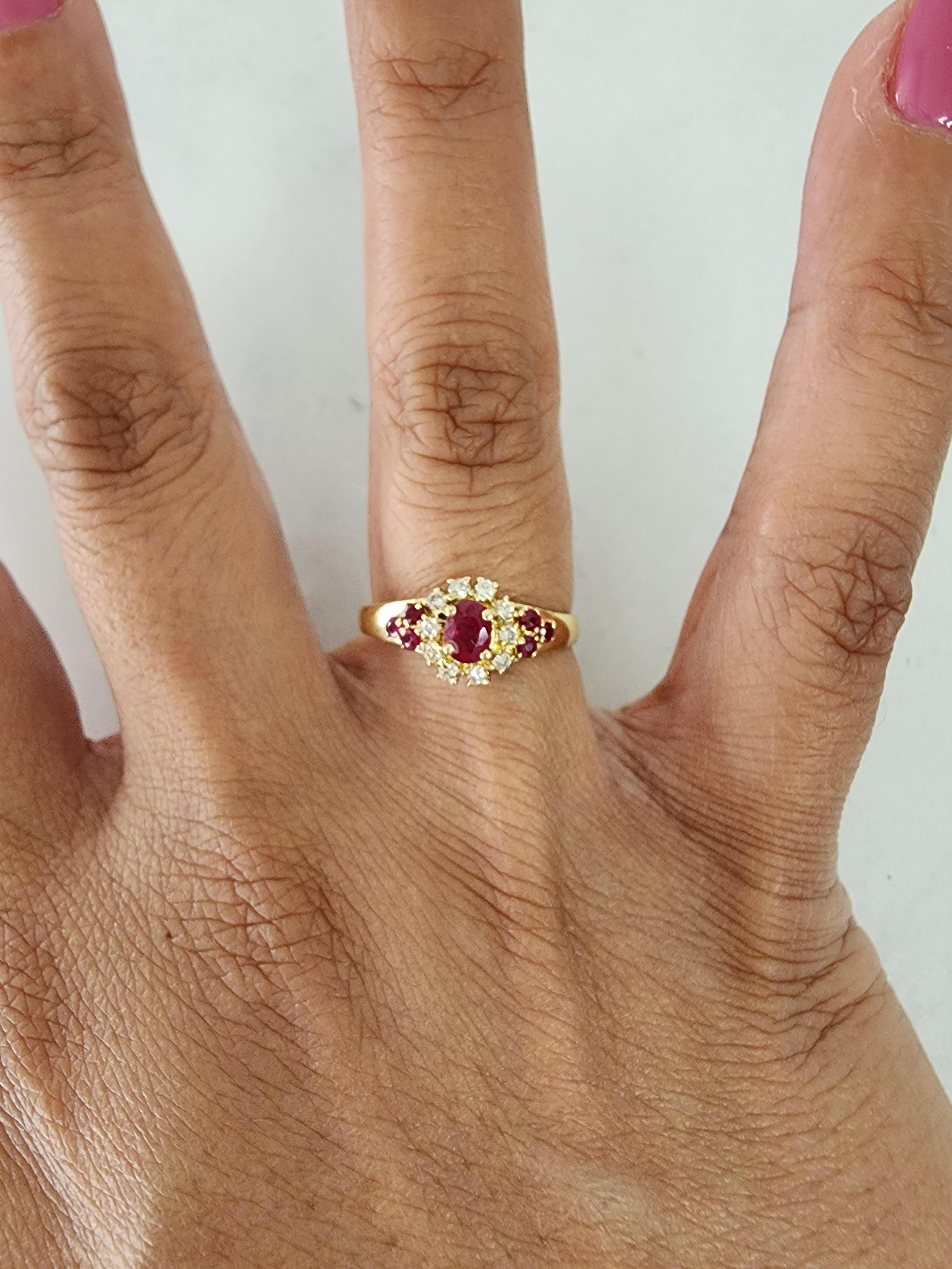 Oval Cut Ruby & Diamond Cluster Vintage Ring 14k Yellow Gold For Sale