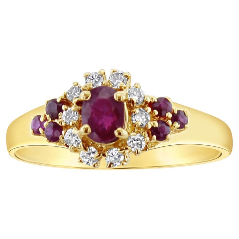 Ruby and Diamond Cluster Vintage Ring 14k Yellow Gold For Sale at