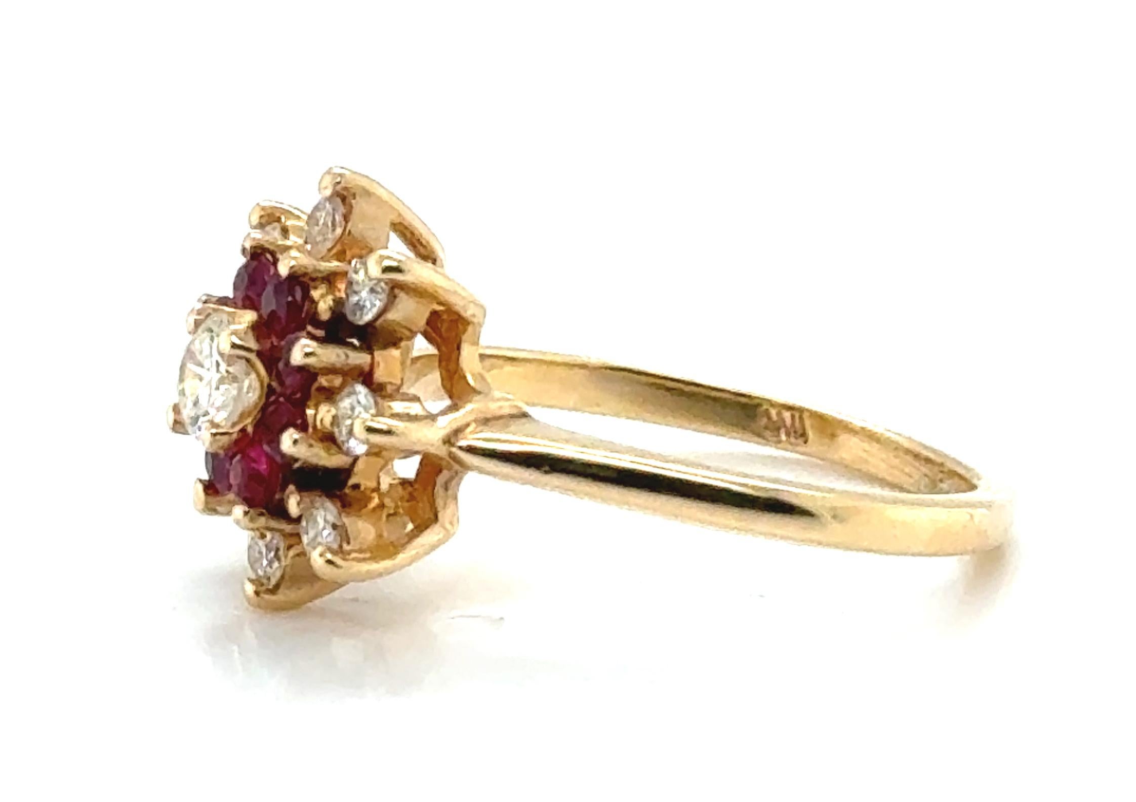 Ruby Diamond Cocktail Cluster Statement Ring 1ct 14K Yellow Gold 
 
 
Features a Genuine Natural Mined .18ct Round Brilliant Cut Center Diamond

Ruby is the July Birthstone

Classic Cluster Style Cocktail Ring

Rubies are a Beautiful Color &