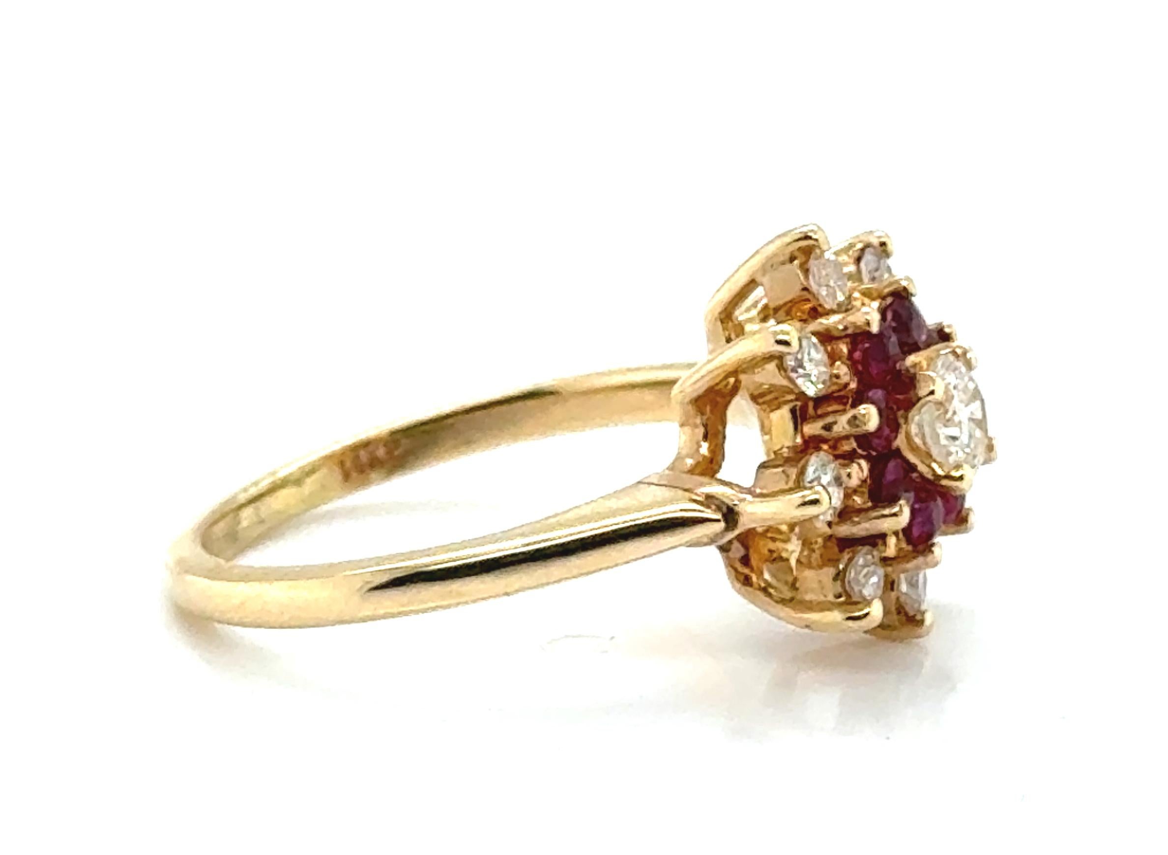 Ruby Diamond Cocktail Cluster Statement Ring 1ct 14K Yellow Gold July Birthstone In Excellent Condition For Sale In Dearborn, MI