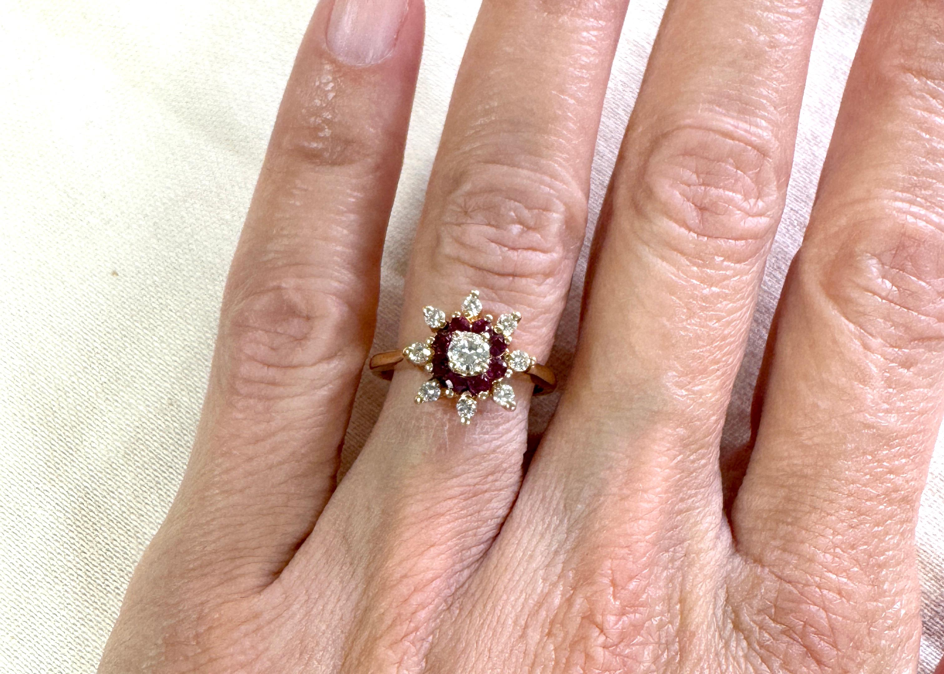 Ruby Diamond Cocktail Cluster Statement Ring 1ct 14K Yellow Gold July Birthstone For Sale 1