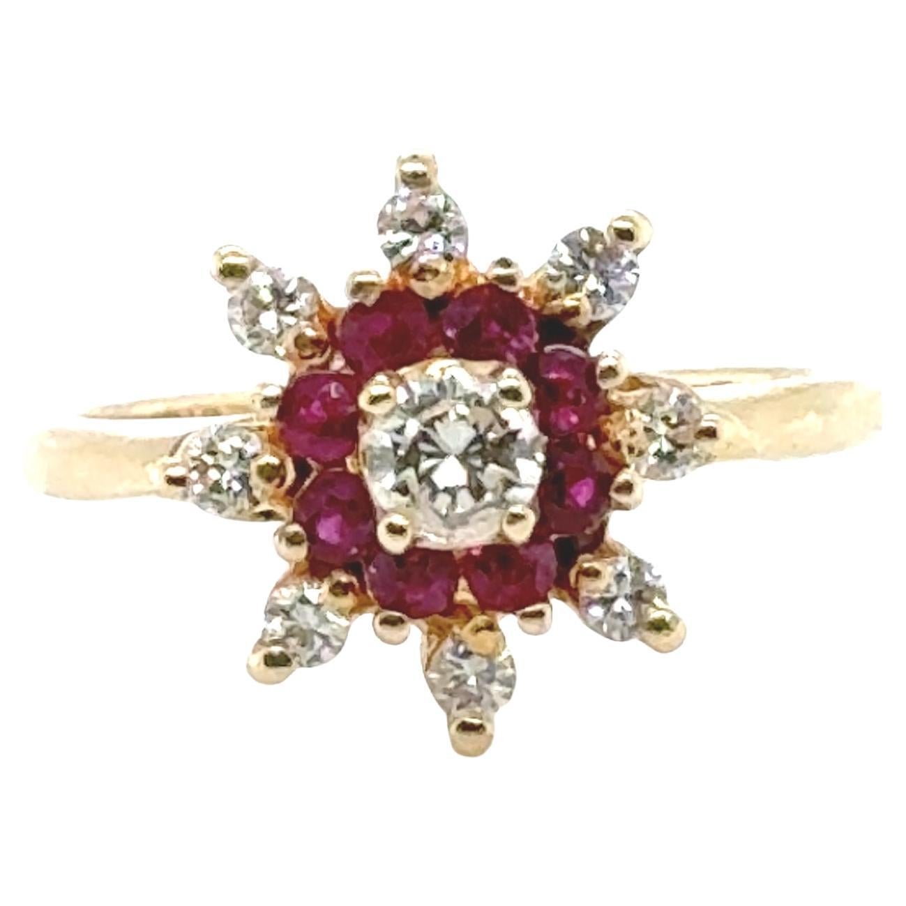 Bague cocktail d'exception en or jaune 14 carats avec rubis et diamants 1 carat, pierre de naissance de juillet
