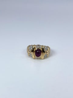 Ruby & Diamond Cocktail Ring 14kt Yellow Gold Natural Untreated Ruby Cabochon
