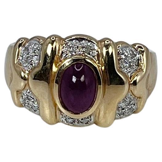 Ruby & Diamond Cocktail Ring 14kt Yellow Gold Natural Untreated Ruby Cabochon For Sale