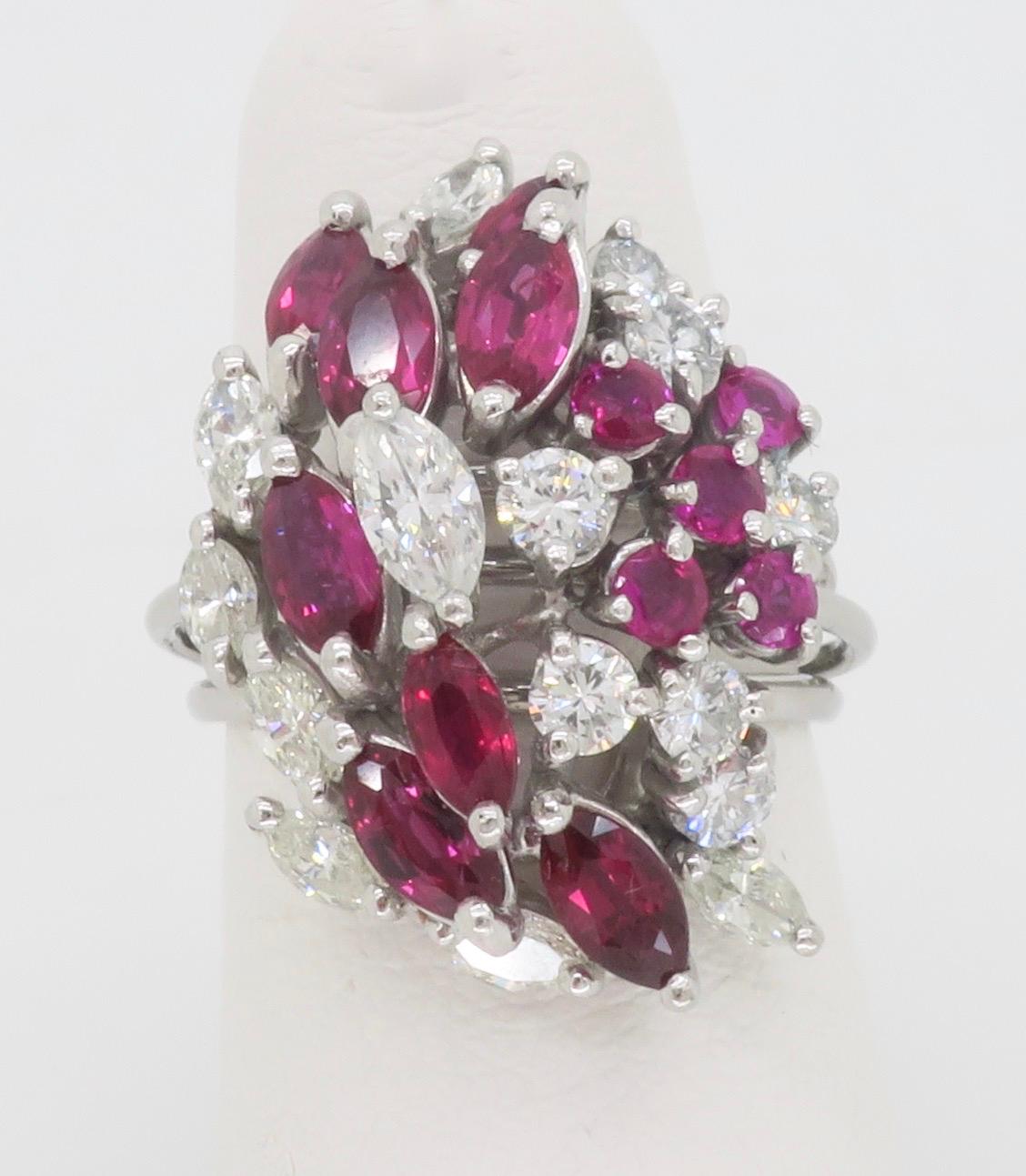 Marquise Cut Ruby & Diamond Cocktail Ring Crafted in Platinum For Sale