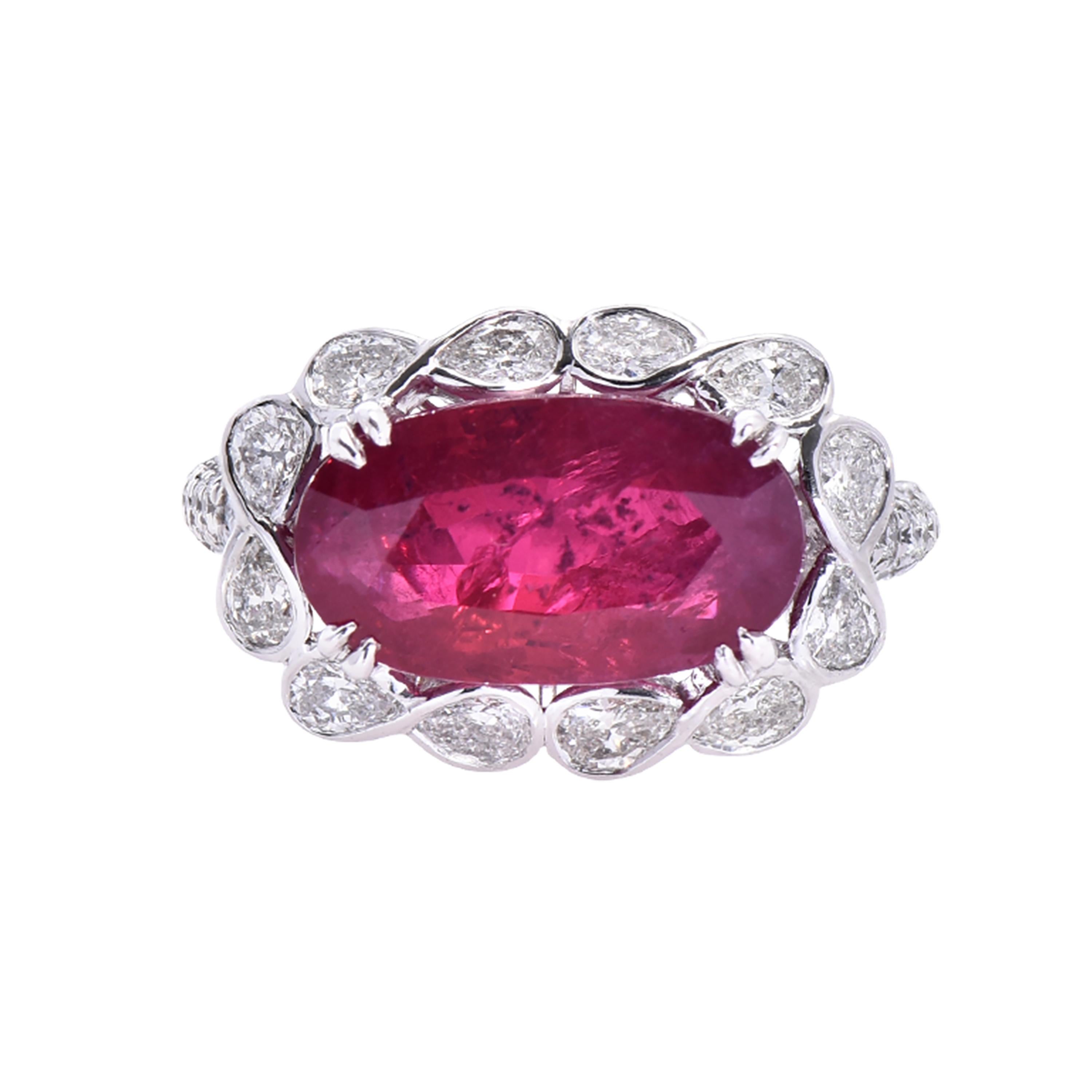 18 karat white gold ruby ring and diamond cocktail ring from Laviere's Scarlet Collection. The ring is set with a precious 9.68 carat GRS certified unheated ruby and 1.4 carat diamonds. 
Gross Weight of the Ring: 8.94 grams. Diamonds Color/Clarity