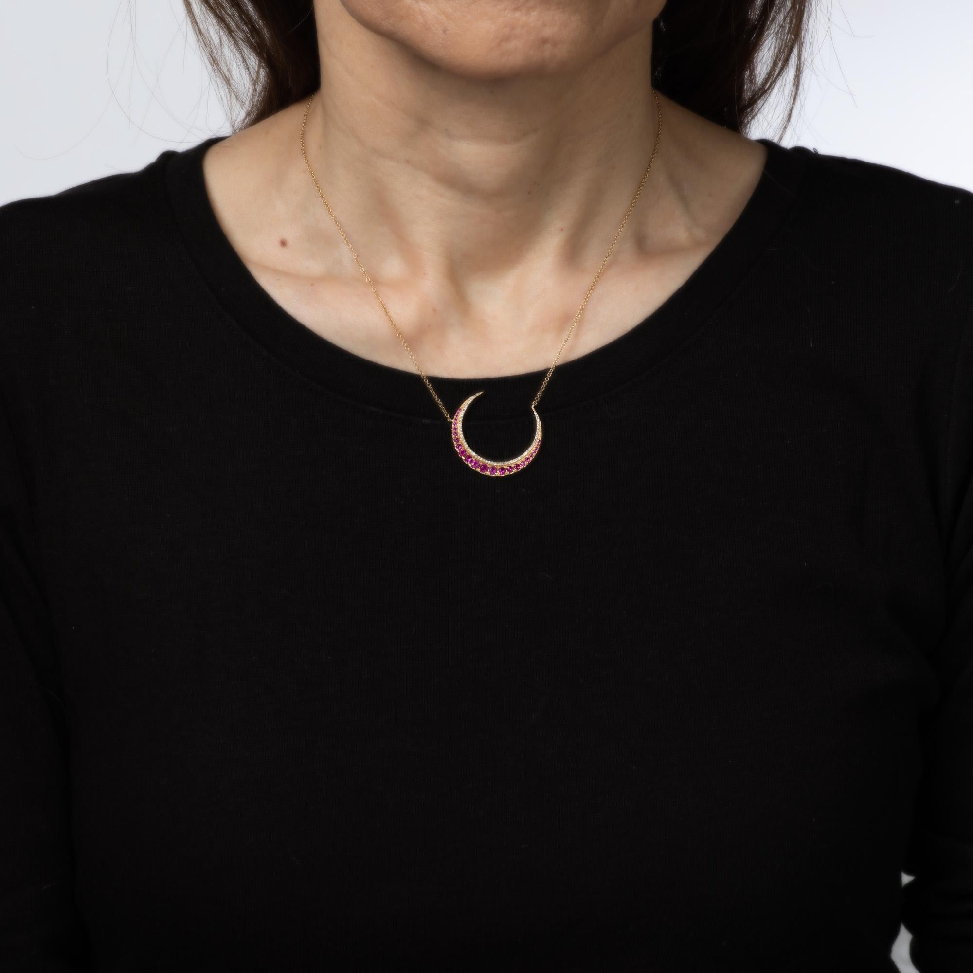 Contemporary Ruby Diamond Crescent Moon Necklace 14k Gold Celestial Fine Jewelry 18