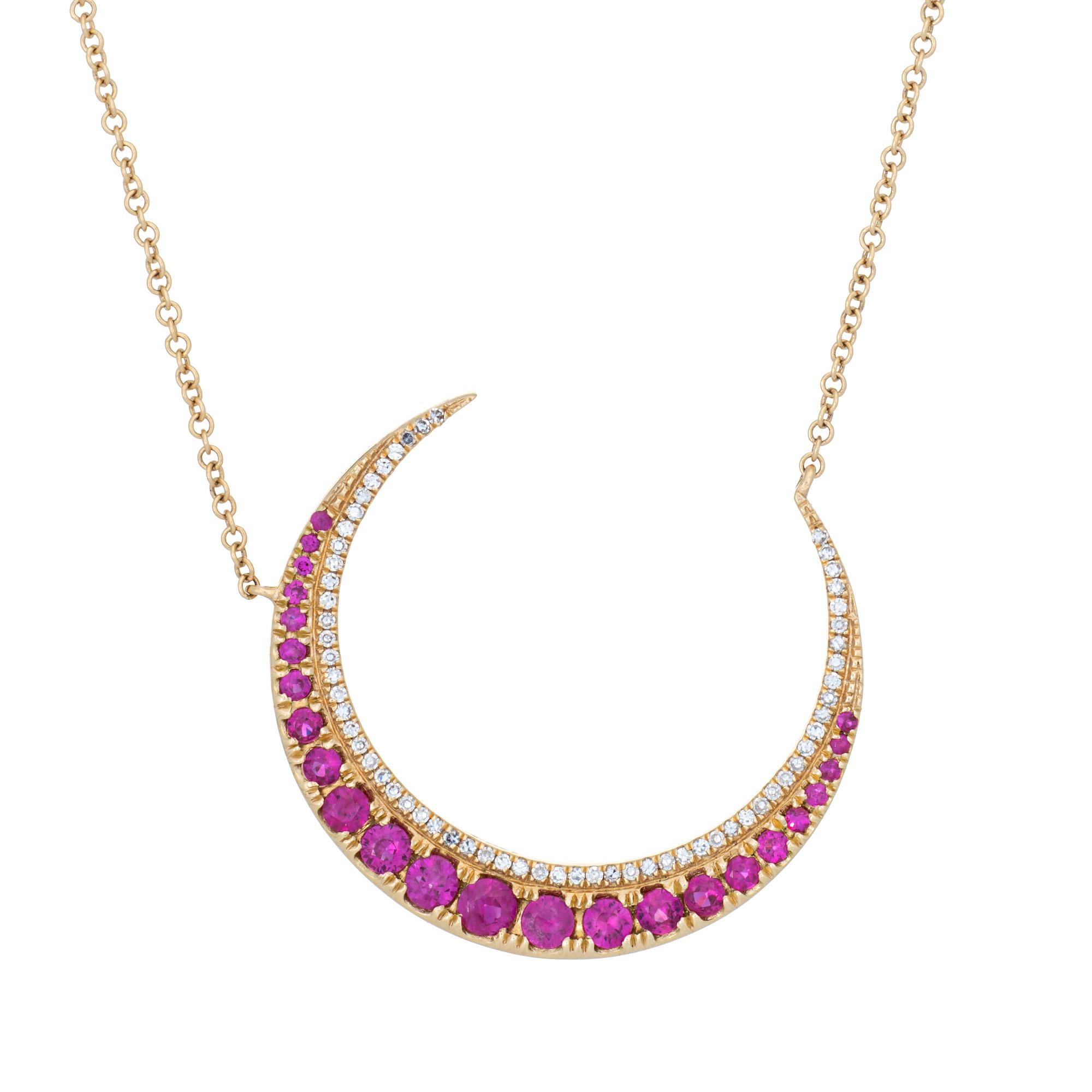 Round Cut Ruby Diamond Crescent Moon Necklace 14k Gold Celestial Fine Jewelry 18