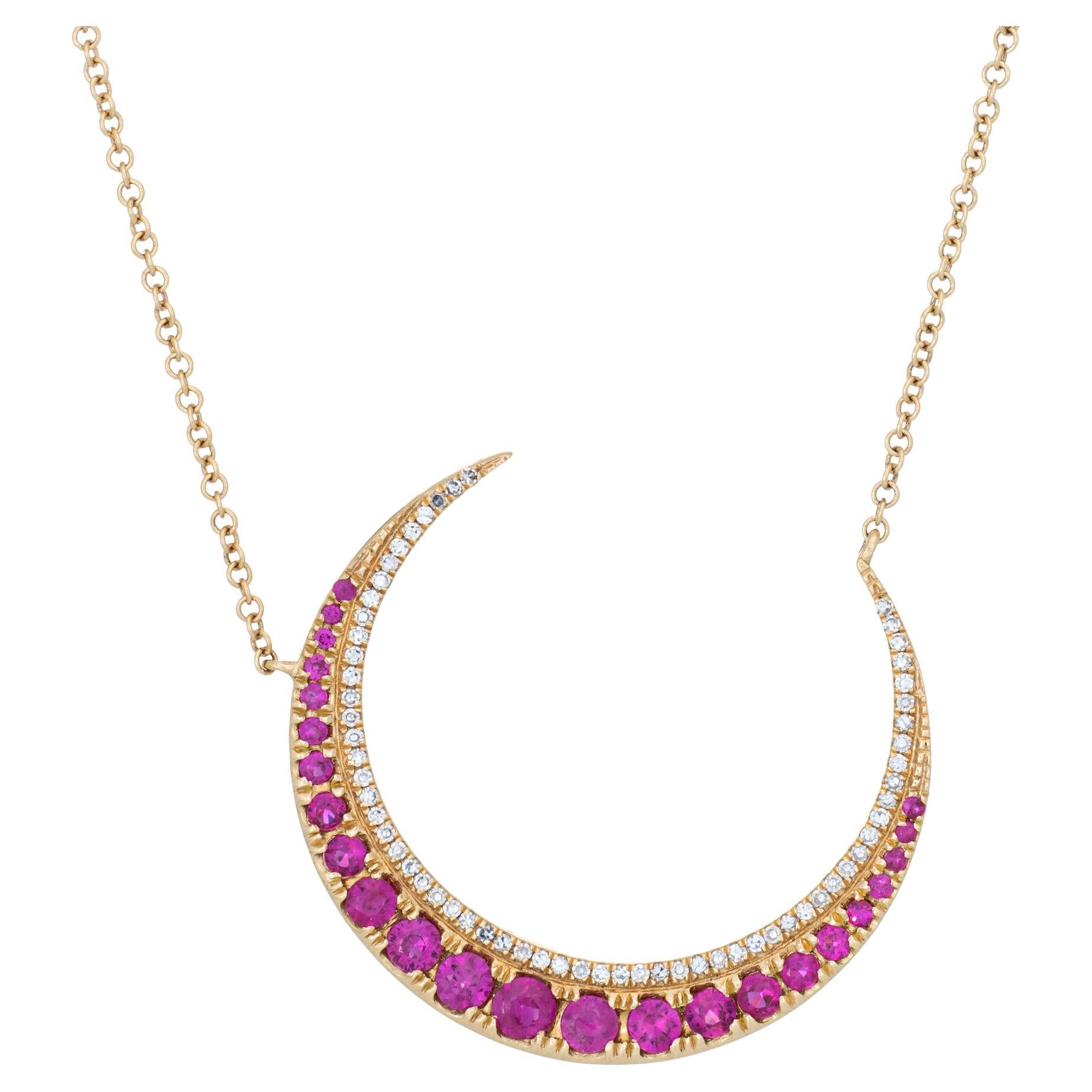 Ruby Diamond Crescent Moon Necklace 14k Gold Celestial Fine Jewelry 18" For Sale