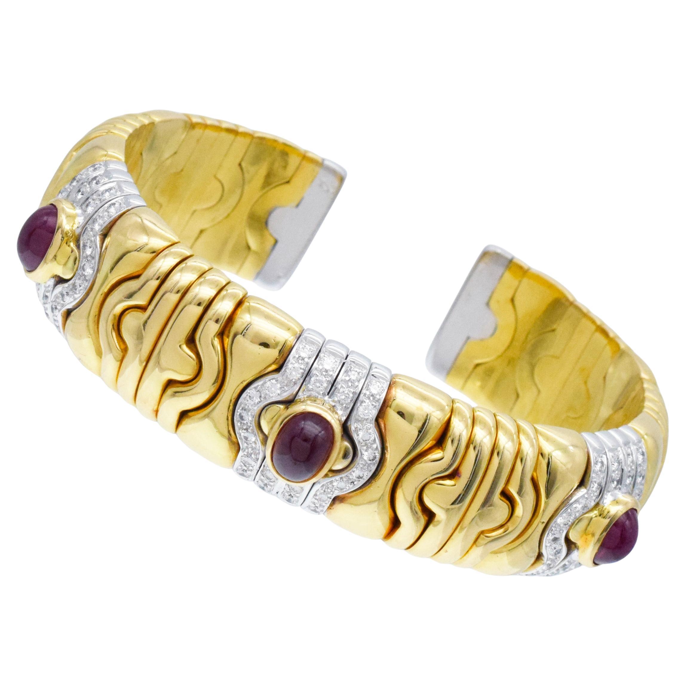 Rubin & Diamant Manschettenknopf Armband in 18k zwei Tone Gold. im Angebot