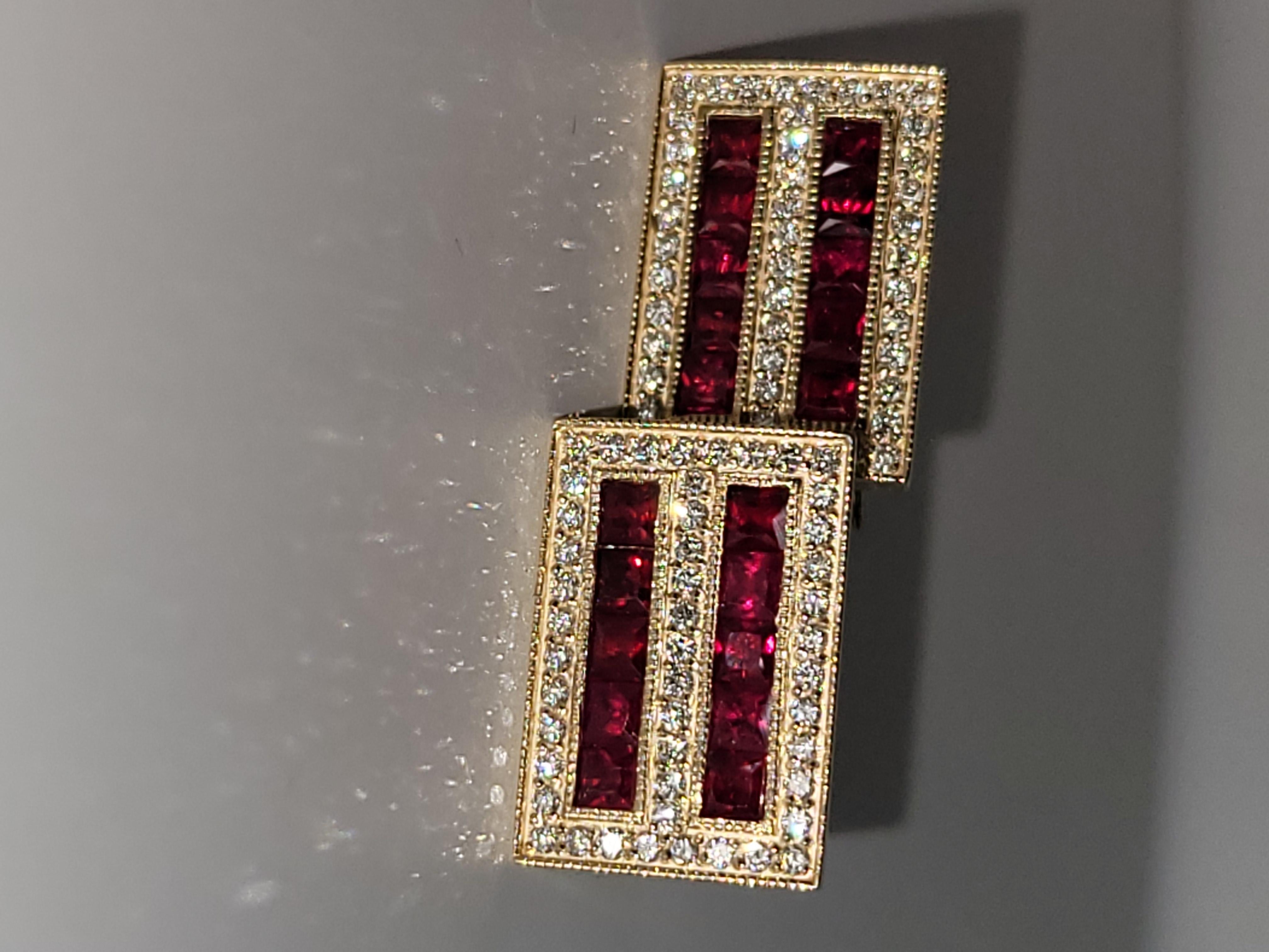 Round Cut Ruby Diamond Cufflink Stud Set 14 Karat Gold For Sale