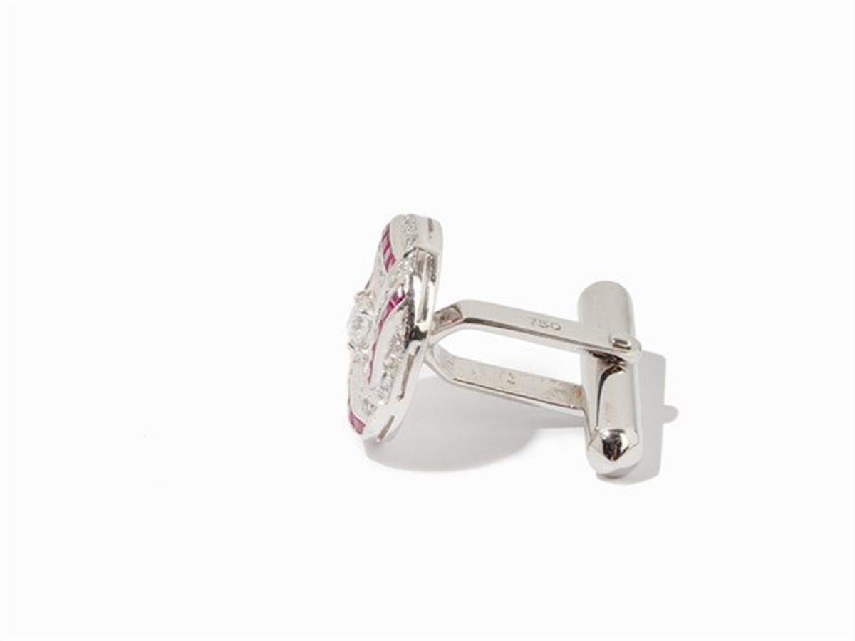 Art Deco Ruby and Diamond Cufflinks, 750 White Gold