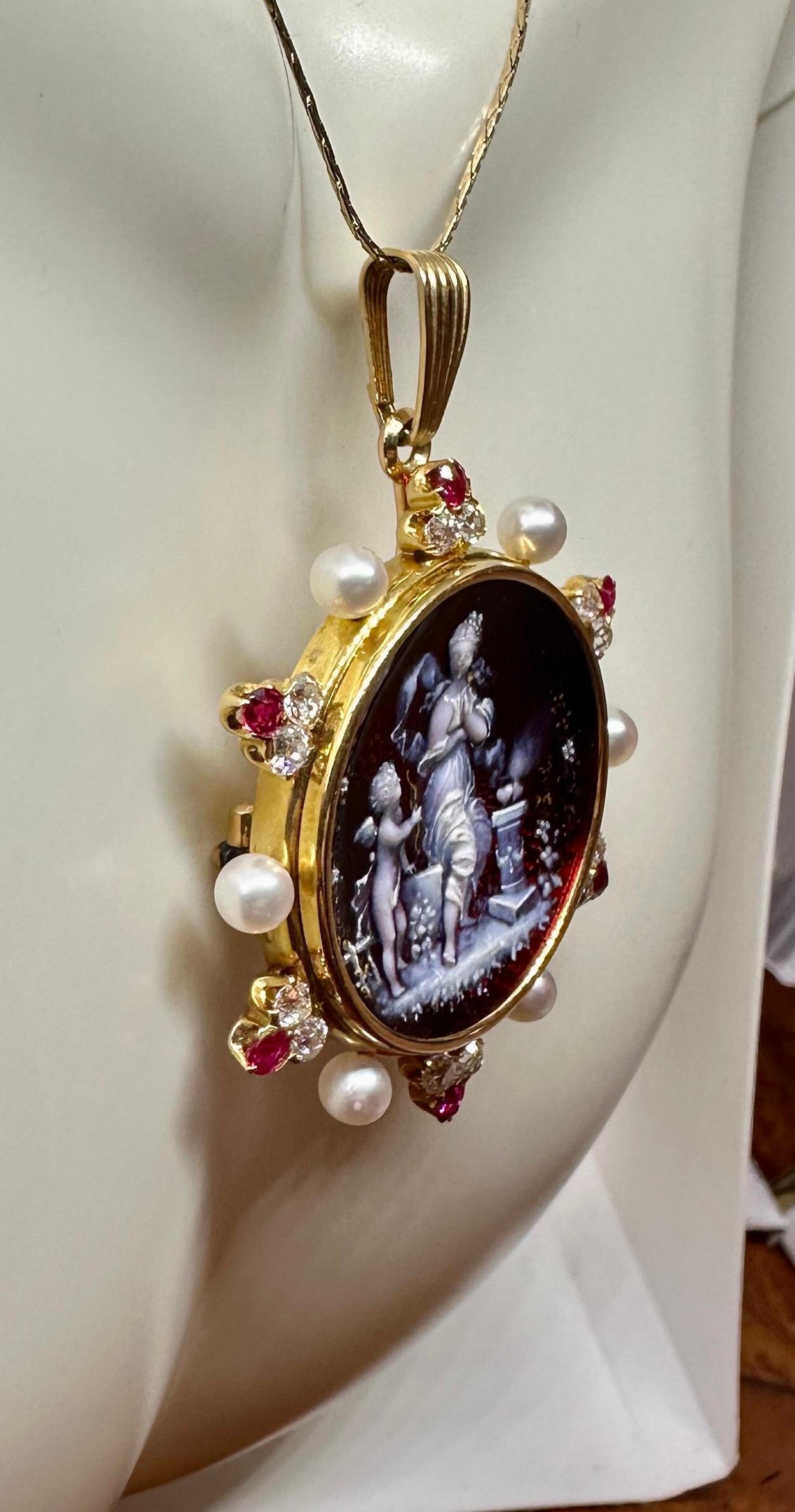 Collana con ciondolo in rubino, diamante, Cupido e Psiche, smalto di Limoges, oro 14 carati 1890 in vendita 4