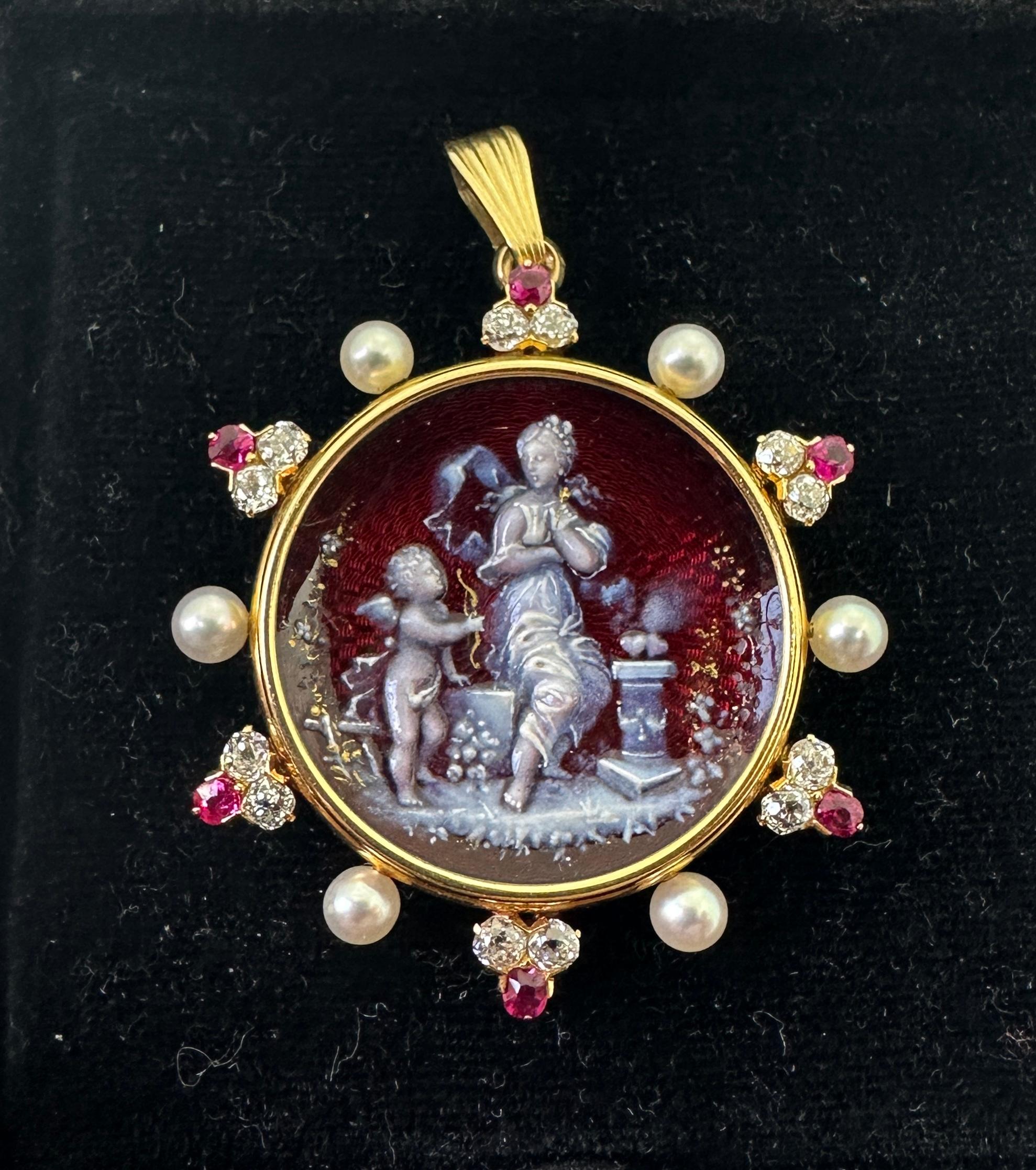 Art Nouveau Collana con ciondolo in rubino, diamante, Cupido e Psiche, smalto di Limoges, oro 14 carati 1890 in vendita