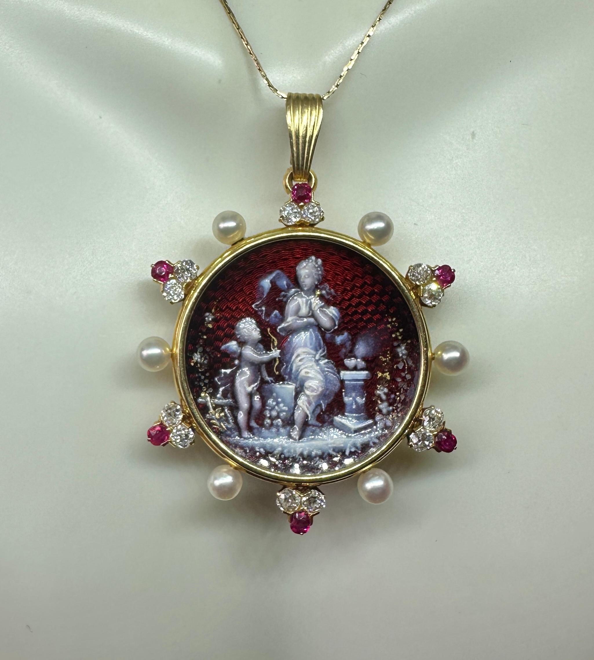 da uomo o donna Collana con ciondolo in rubino, diamante, Cupido e Psiche, smalto di Limoges, oro 14 carati 1890 in vendita