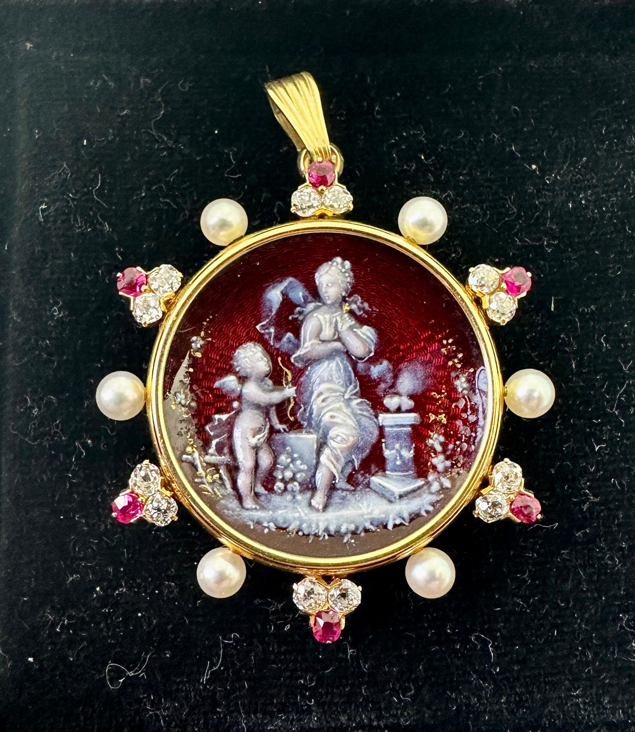 Collana con ciondolo in rubino, diamante, Cupido e Psiche, smalto di Limoges, oro 14 carati 1890 in vendita 1