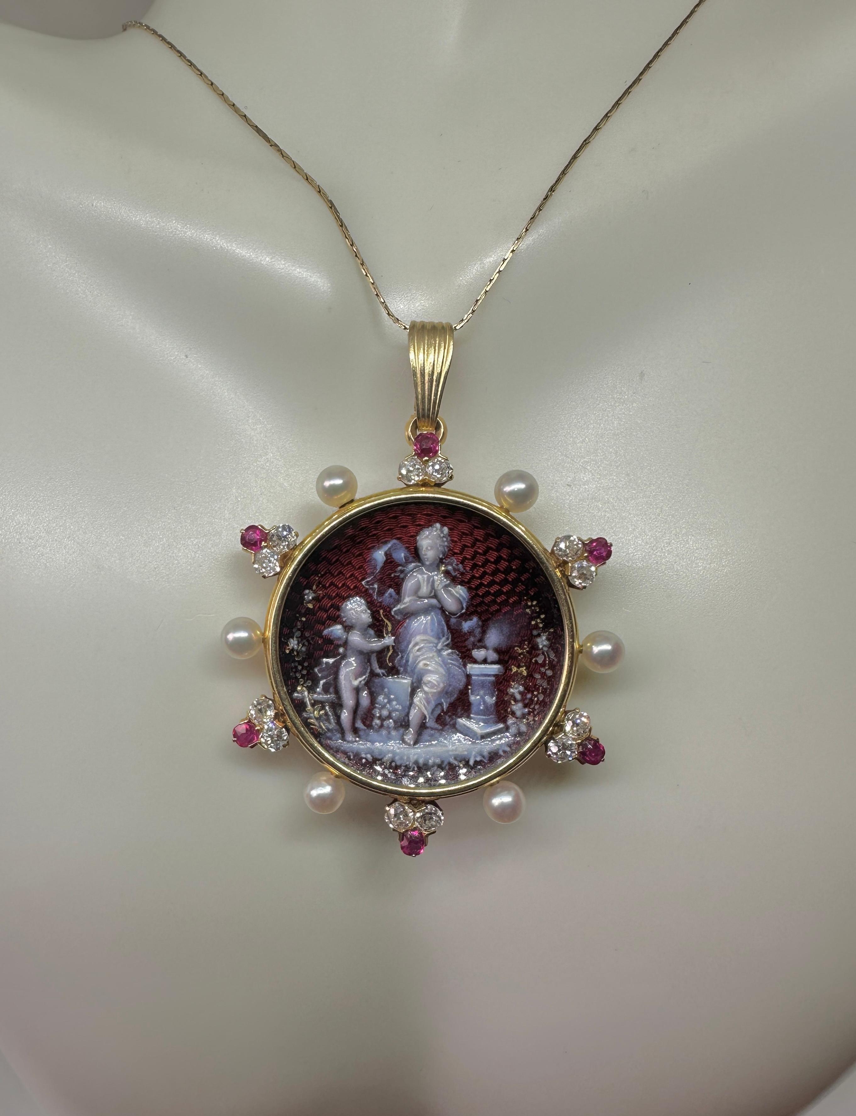 Collana con ciondolo in rubino, diamante, Cupido e Psiche, smalto di Limoges, oro 14 carati 1890 in vendita 2