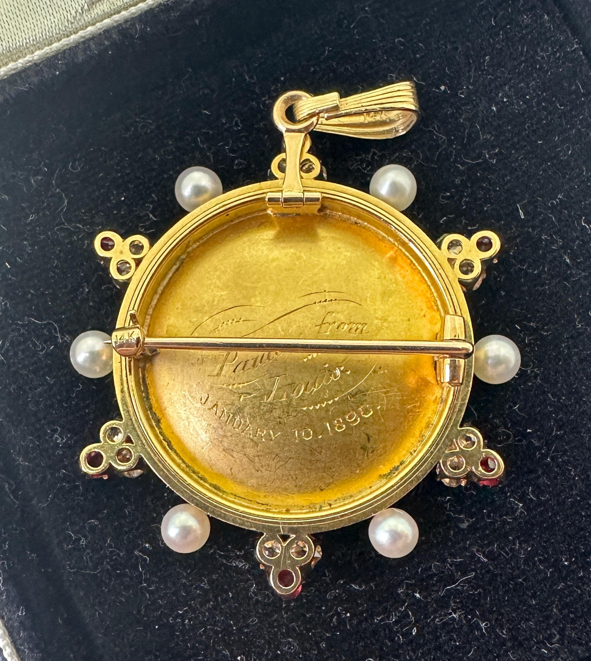 Collana con ciondolo in rubino, diamante, Cupido e Psiche, smalto di Limoges, oro 14 carati 1890 in vendita 3