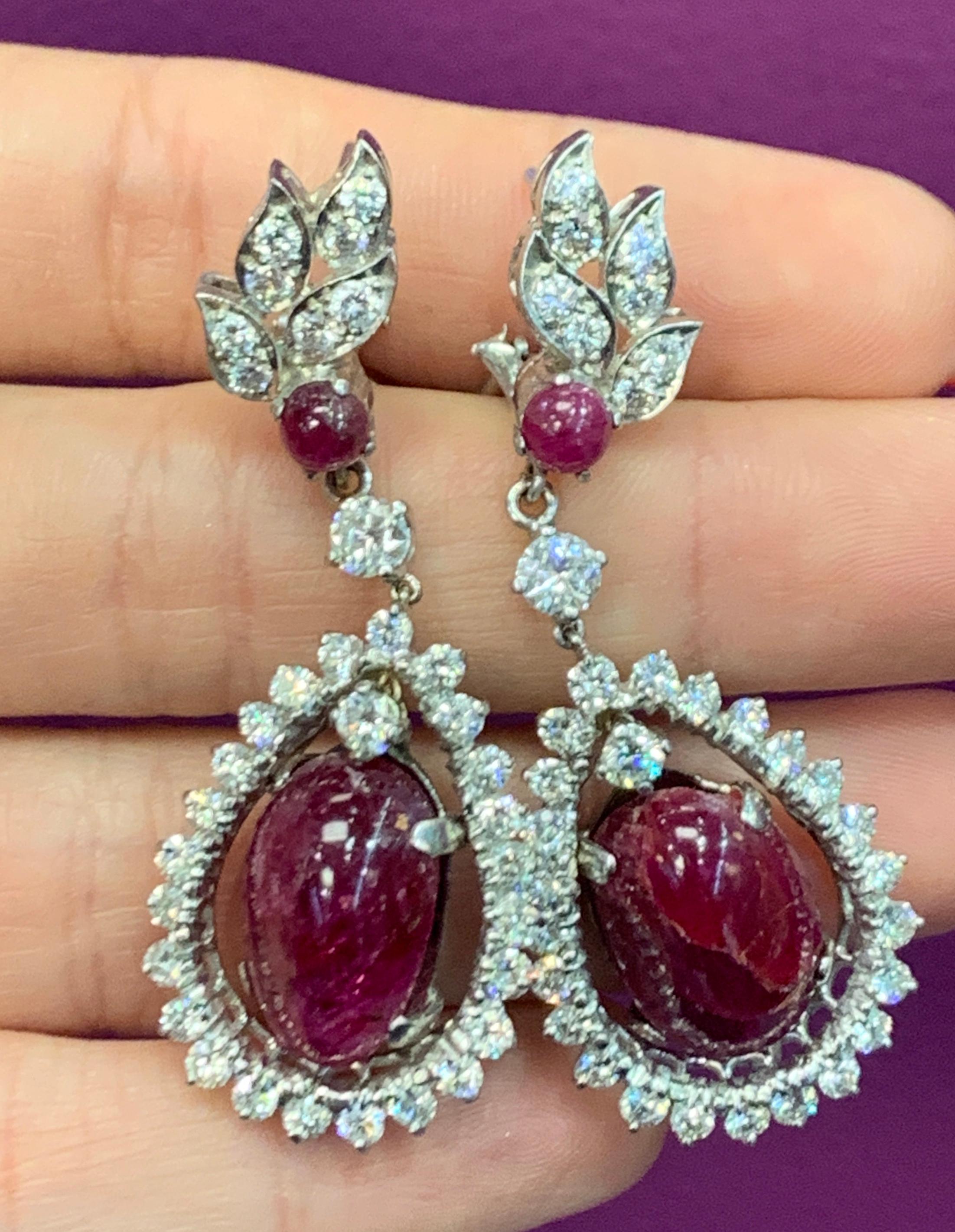 Cabochon Ruby and Diamond Dangle Drop Earrings For Sale