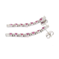 Diamond Ruby Long Dangler Earrings in 18kt Solid White Gold