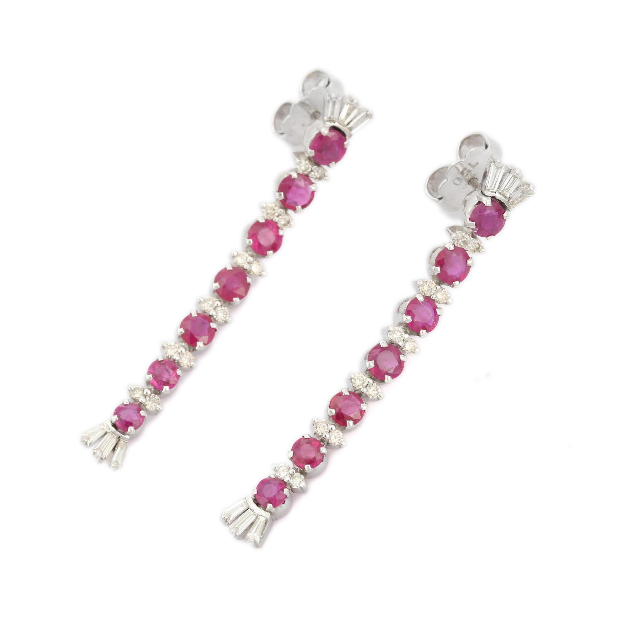 Contemporary Diamond Ruby Long Dangler Earrings in 18kt Solid White Gold For Sale