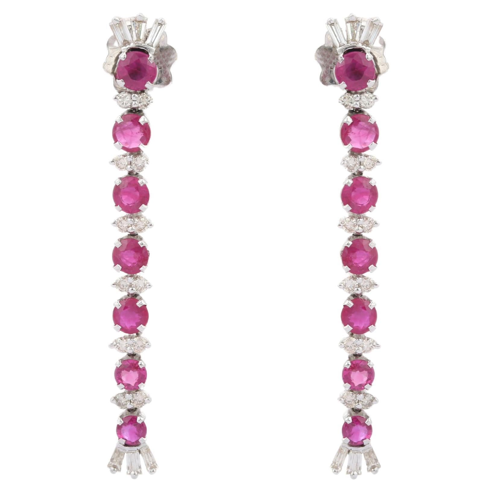 Diamond Ruby Long Dangler Earrings in 18kt Solid White Gold For Sale