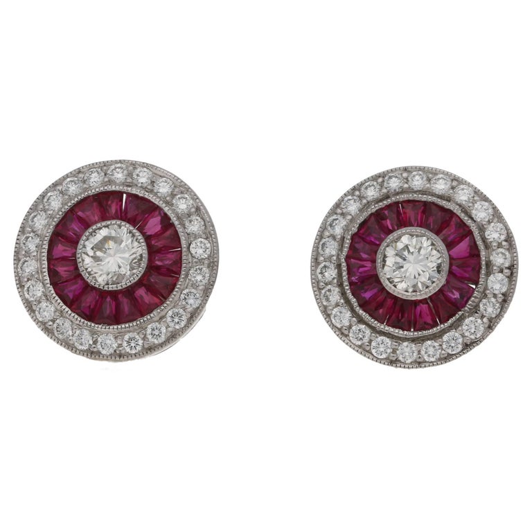 Ruby Diamond Deco Style Target Stud Earrings at 1stDibs | diamond studs