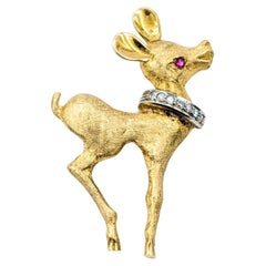 Ruby & Diamond Deer Broach in 18k Yellow Gold