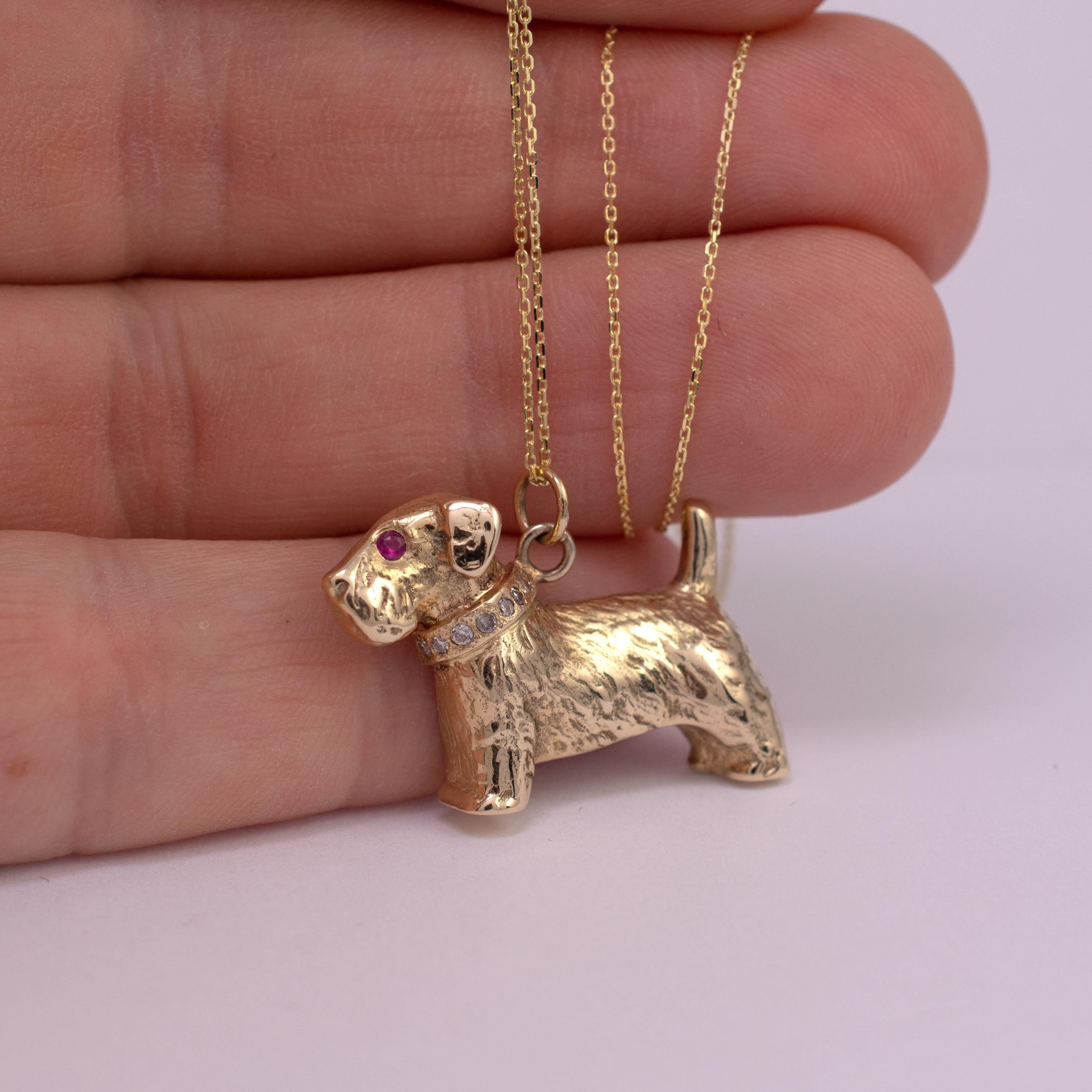 Ruby Diamond Dog Pendant Necklace 9 Karat Yellow Gold 4