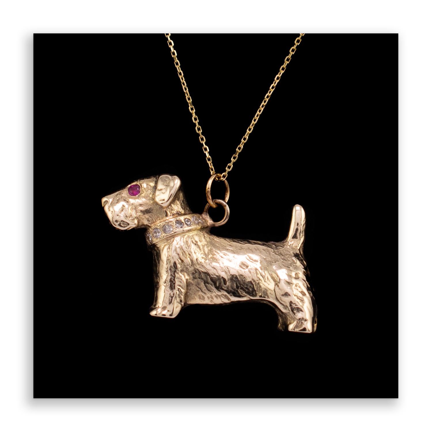 Ruby Diamond Dog Pendant Necklace 9 Karat Yellow Gold 6