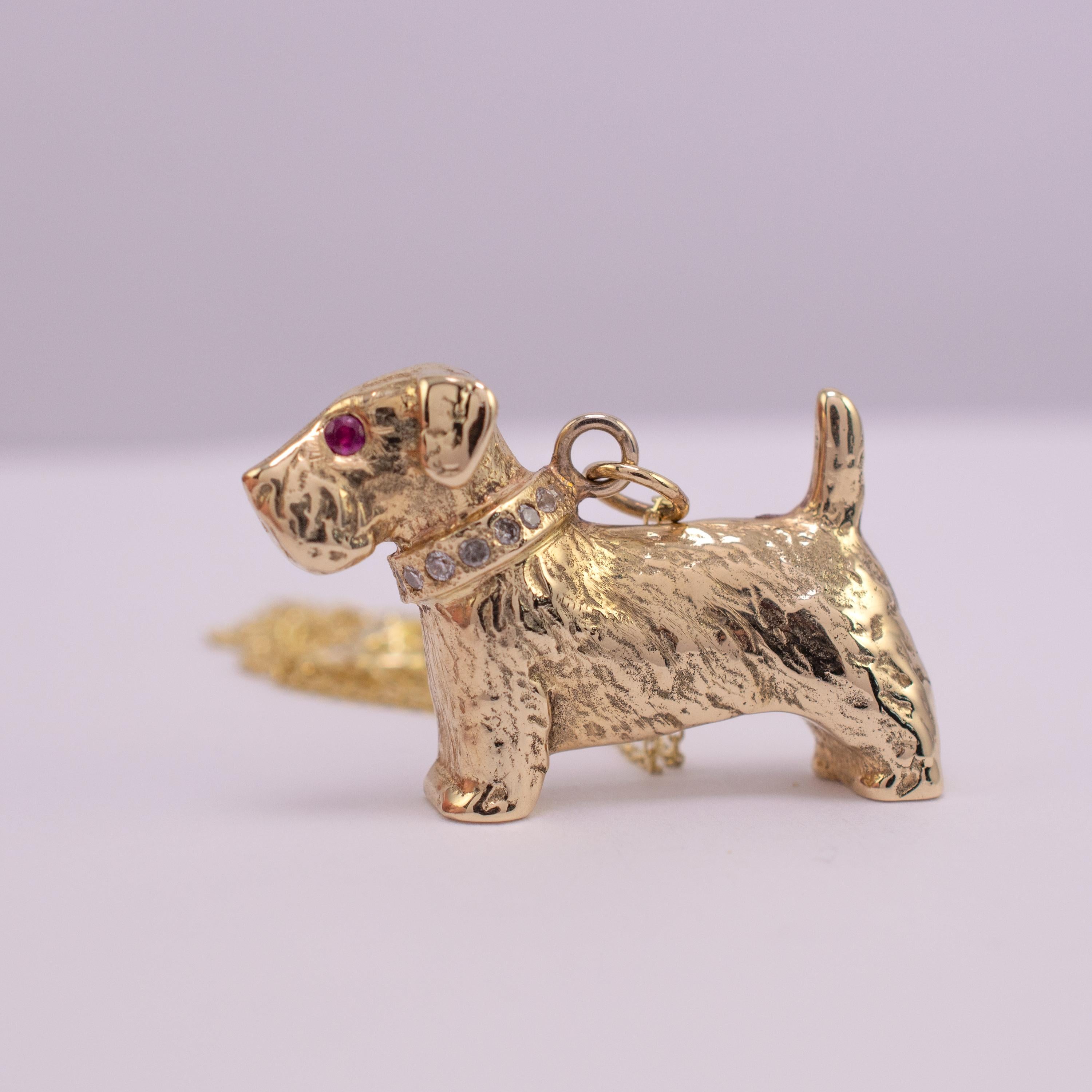 Women's or Men's Ruby Diamond Dog Pendant Necklace 9 Karat Yellow Gold