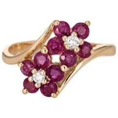 Ruby Diamond Double Flower Ring Moi et Toi 14 Karat Yellow Gold Vintage Jewelry