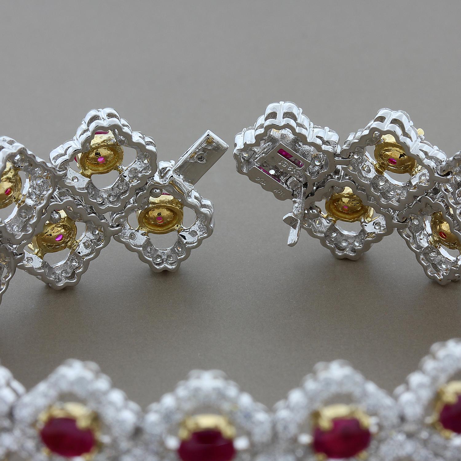 A luxurious bracelet featuring 13.51 carats of fine vivid red rubies.  The oval cut rubies are set in 18K yellow gold. These exotic gemstones are accented by 9.72 carats of sparkling round cut white diamonds set in 18K white gold. The bracelet has a