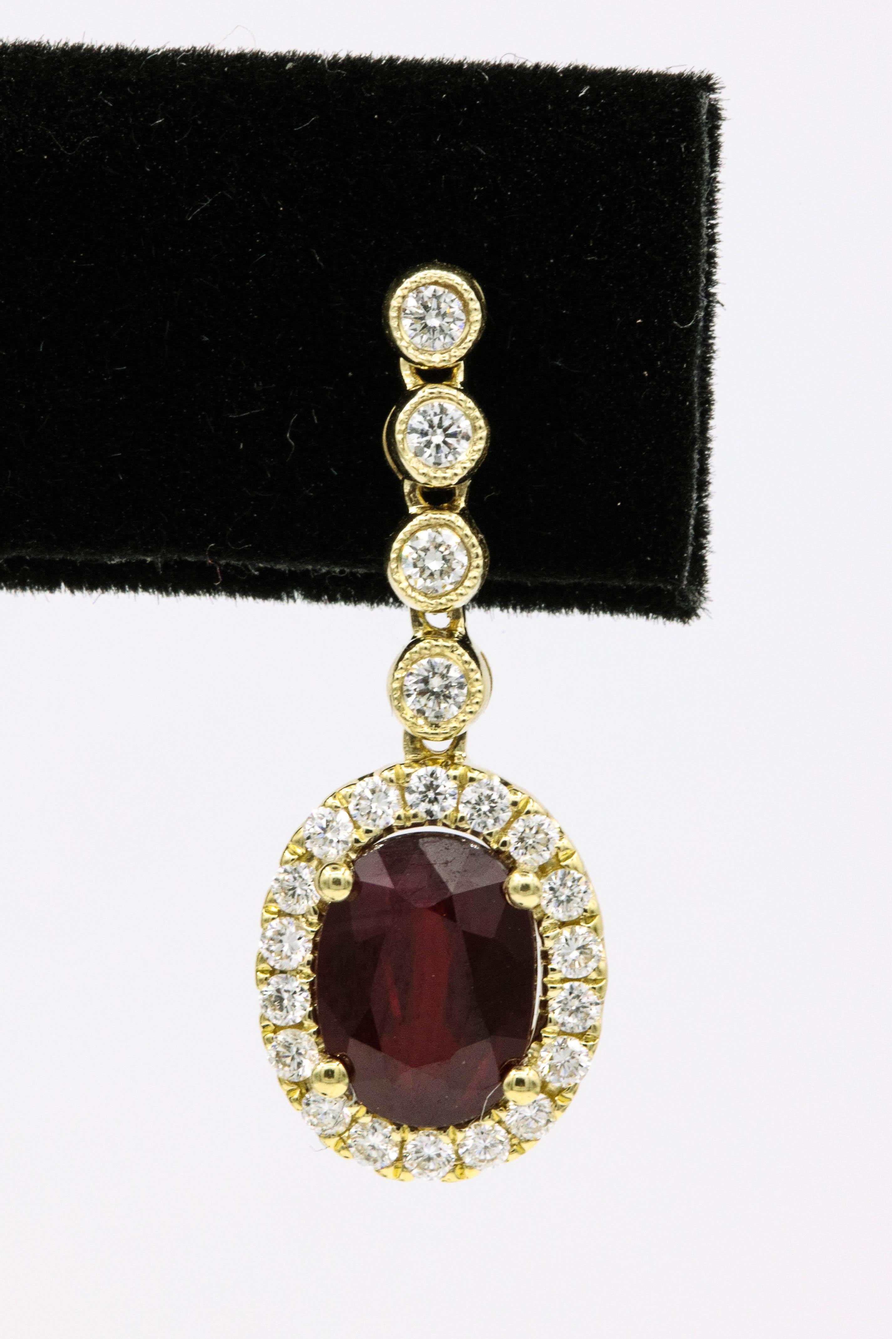 Oval Cut Ruby Diamond Drop Earrings 3.46 Carat 18 Karat Yellow Gold