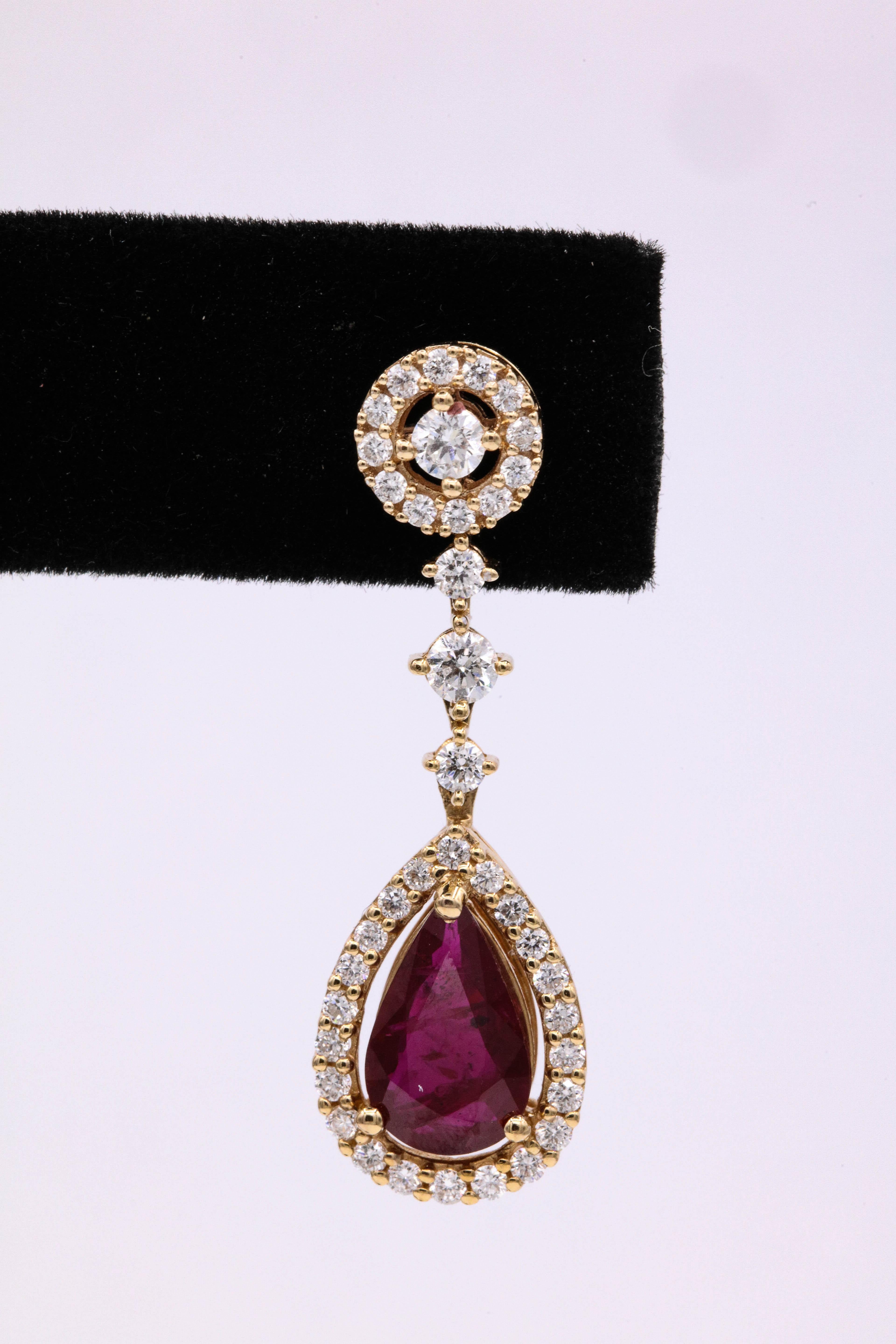 Pear Cut Ruby Diamond Drop Earrings 4.69 Carat 18 Karat Rose Gold