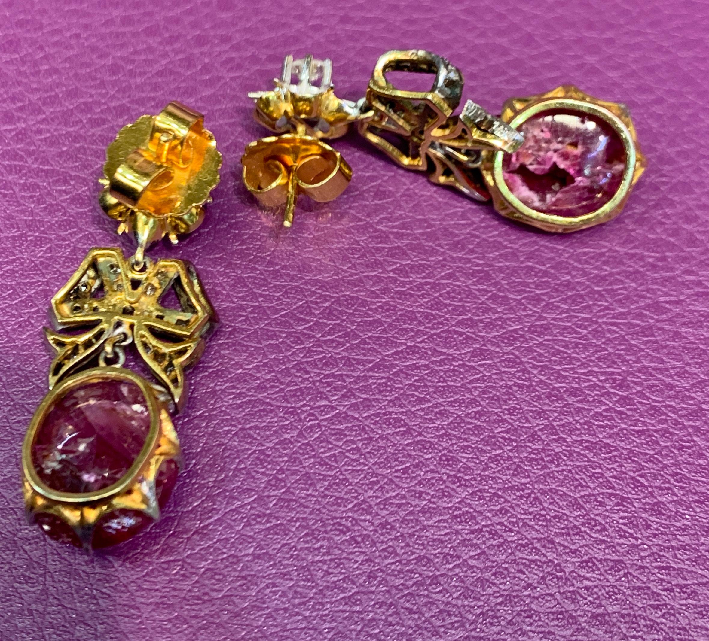 Cabochon Ruby and Diamond Drop Earrings For Sale