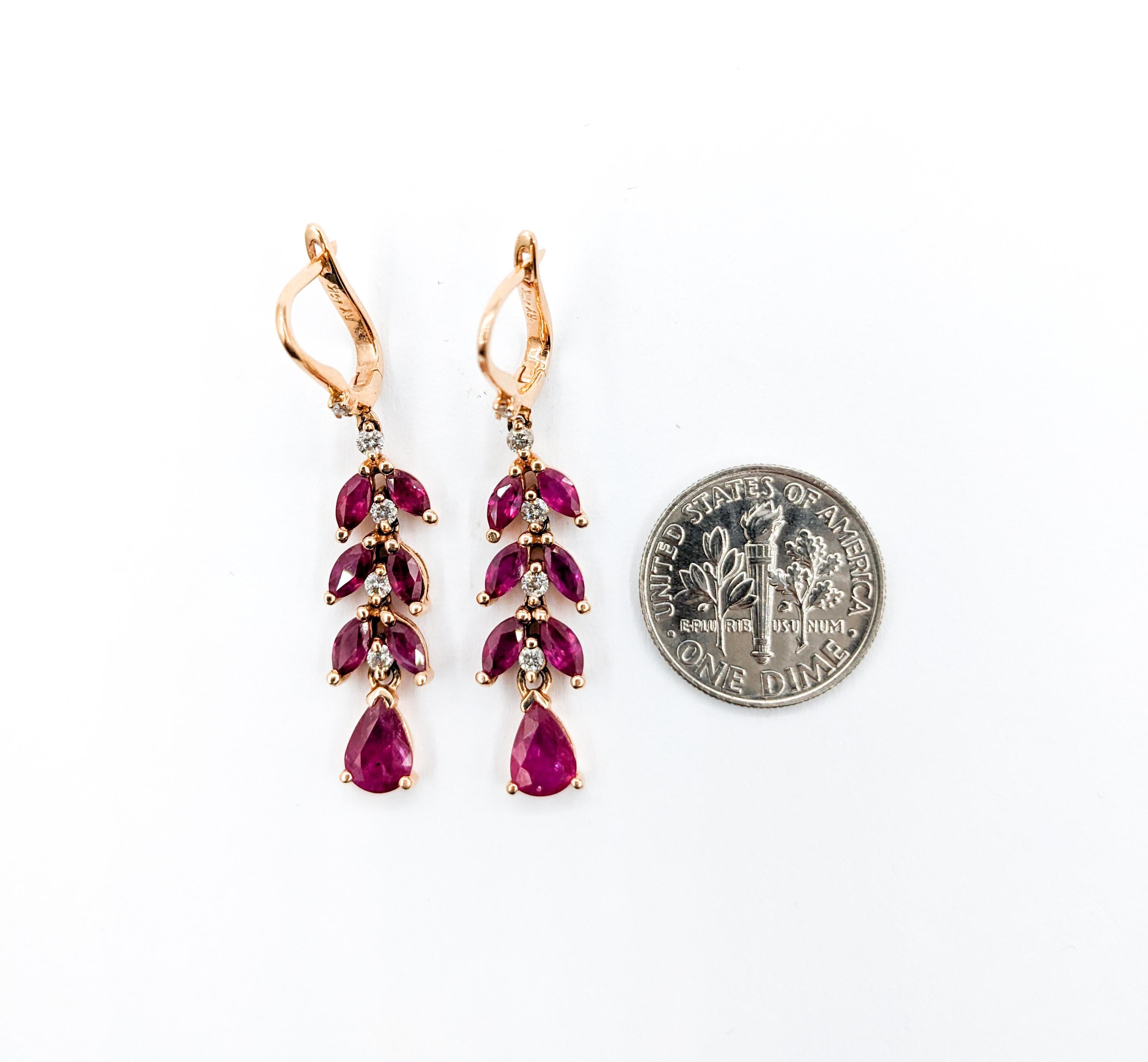 Modern Ruby & Diamond Drop Earrings in Rose Gold For Sale